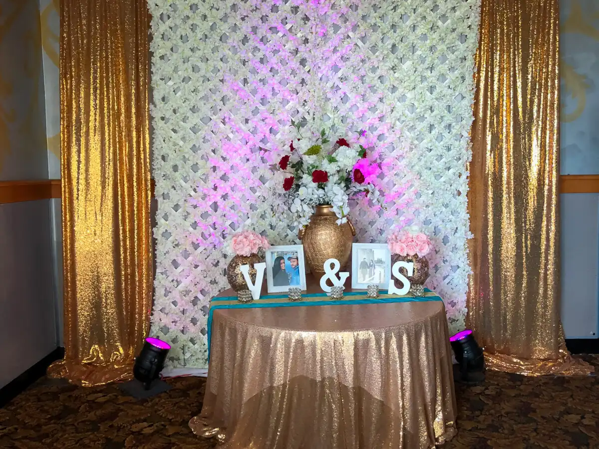 Gold sequin welcome table with couple initials · Dream Decorators Surrey