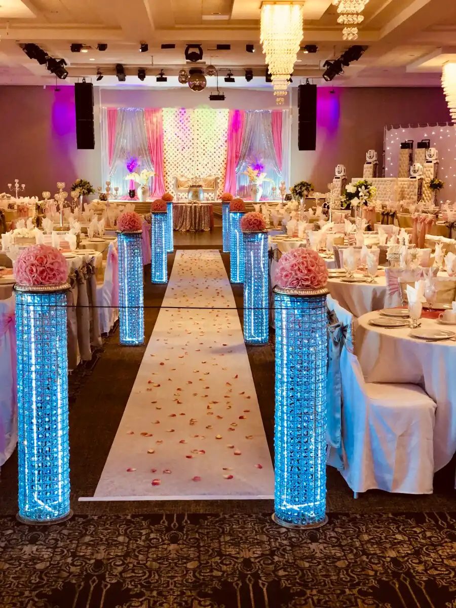 Pink and blue crystal pillar reception hall · Dream Decorators Surrey