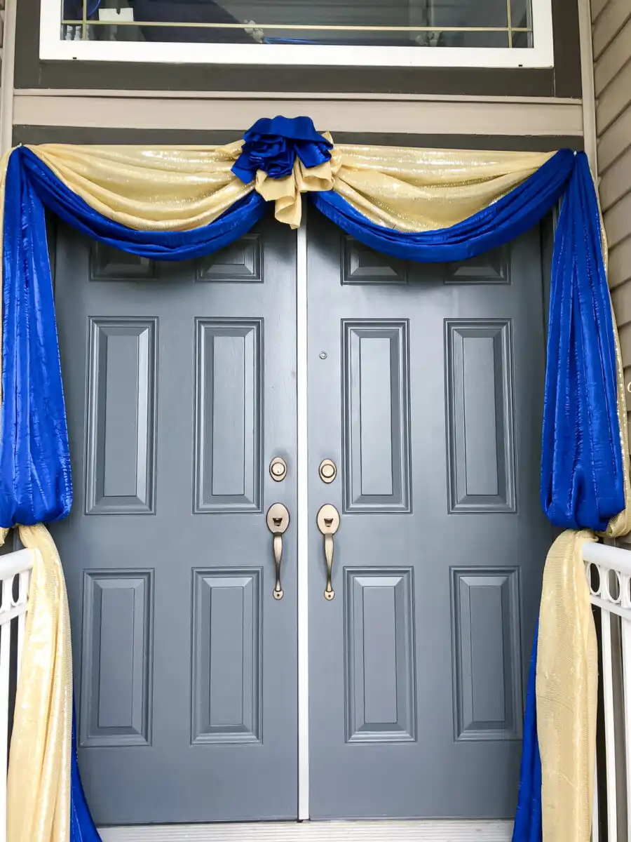Royal blue and gold home double door drapes · Dream Decorators Surrey