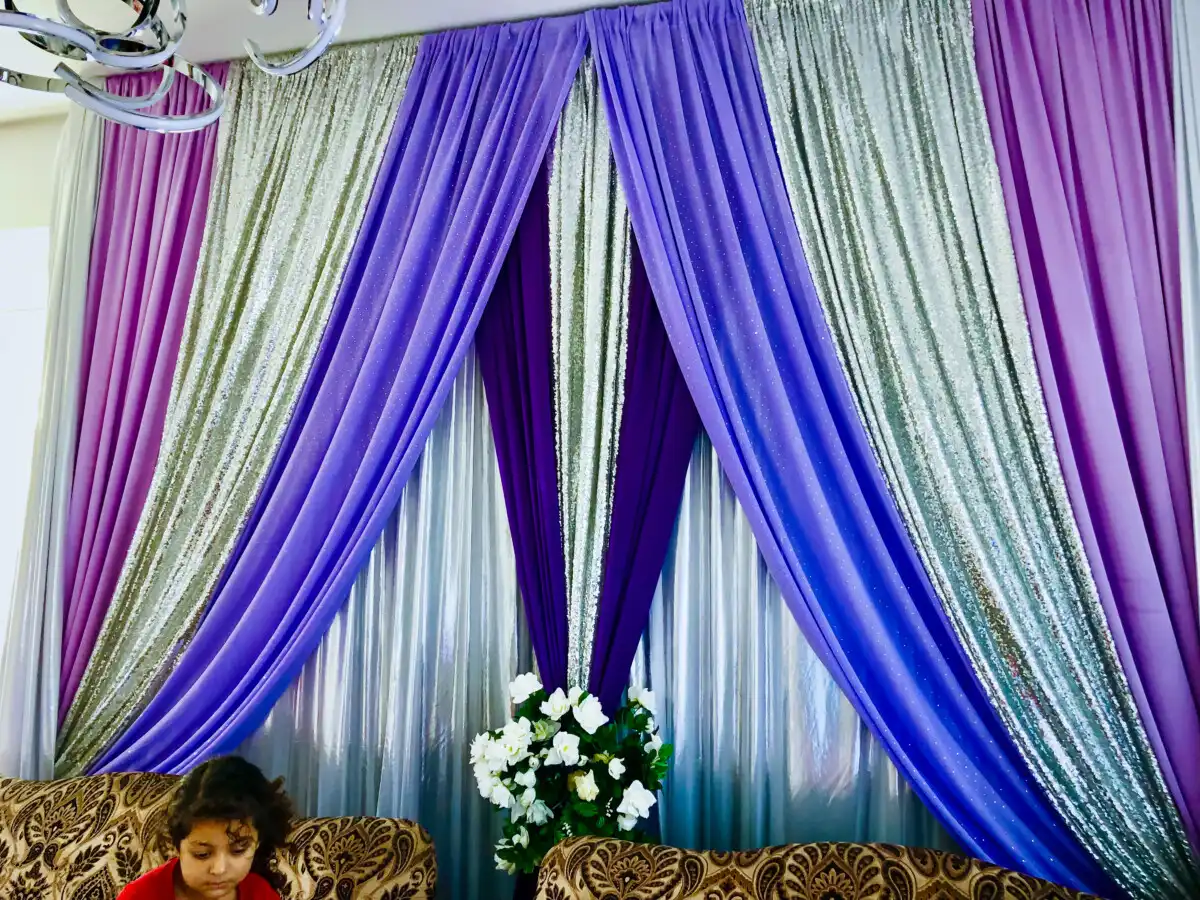 Purple and silver home pre-wedding backdrop · Dream Decorators Surrey