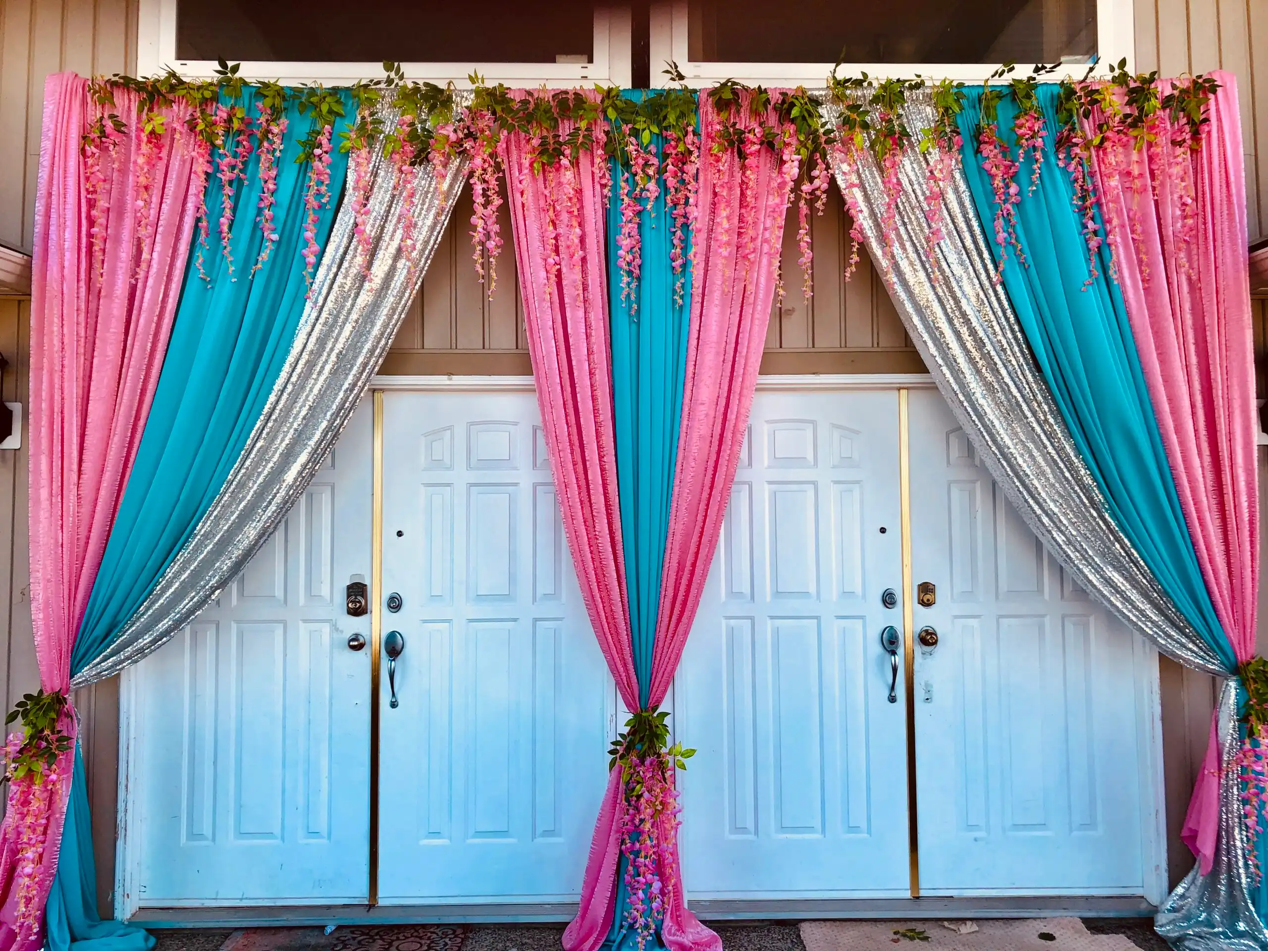 Pink turquoise and silver home door backdrop · Dream Decorators