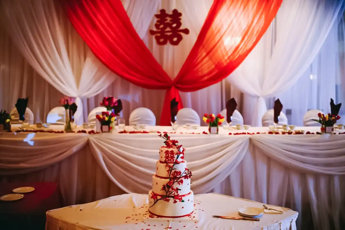 Red and white Double Happiness reception stage · Dream Decorators