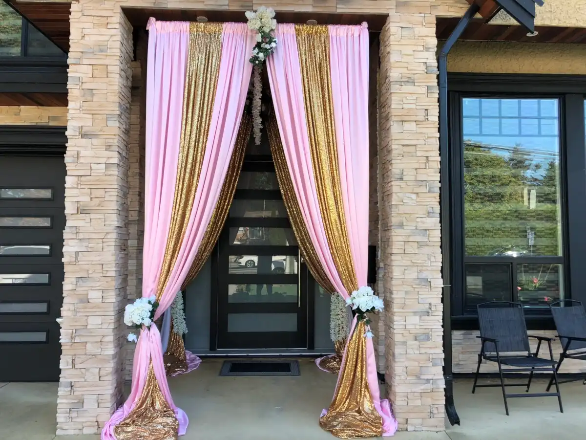Pink and gold sequined home porch entrance · Dream Decorators Surrey