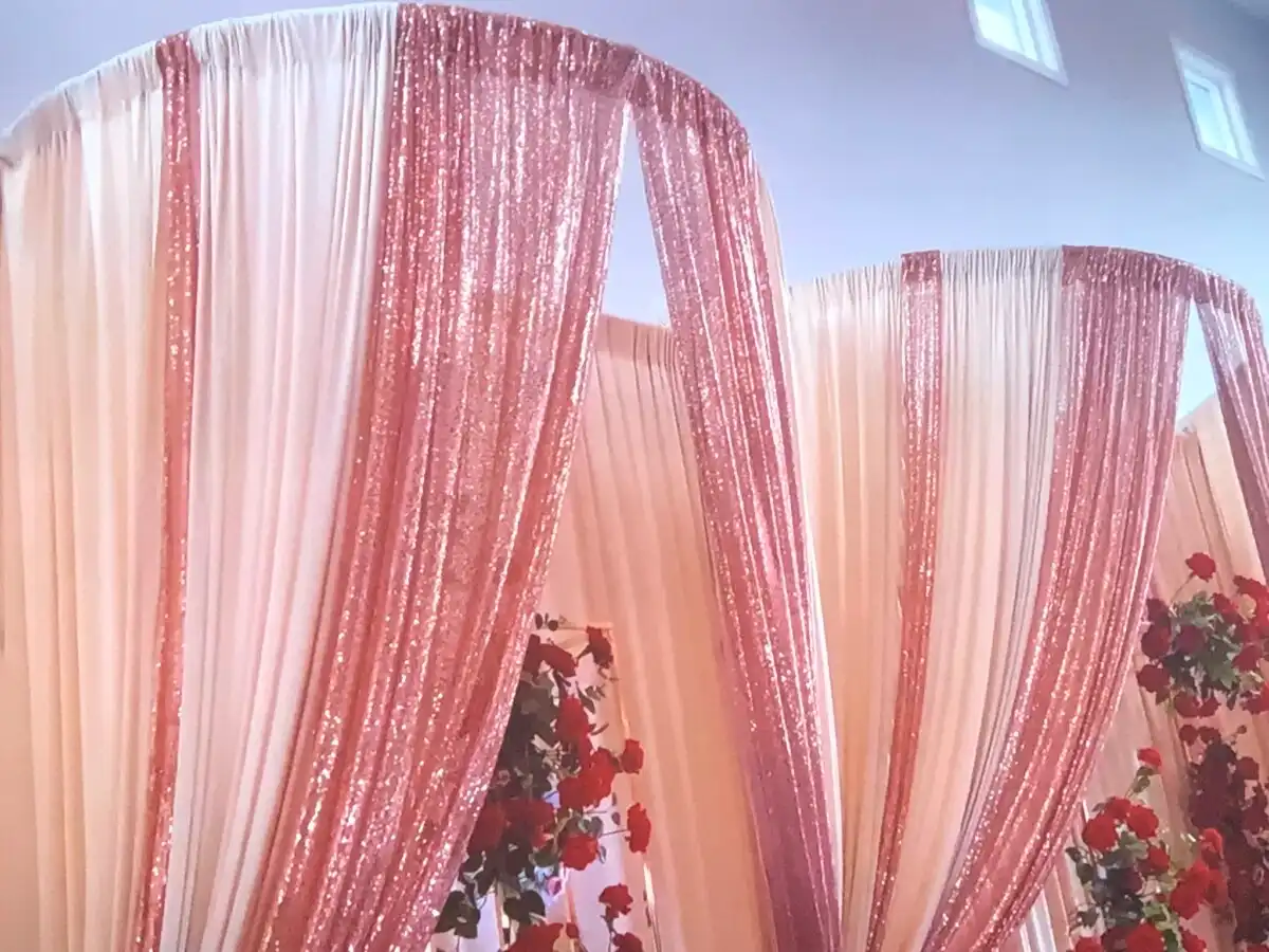 Rose gold sequin and cream mandap canopy drapes · Dream Decorators