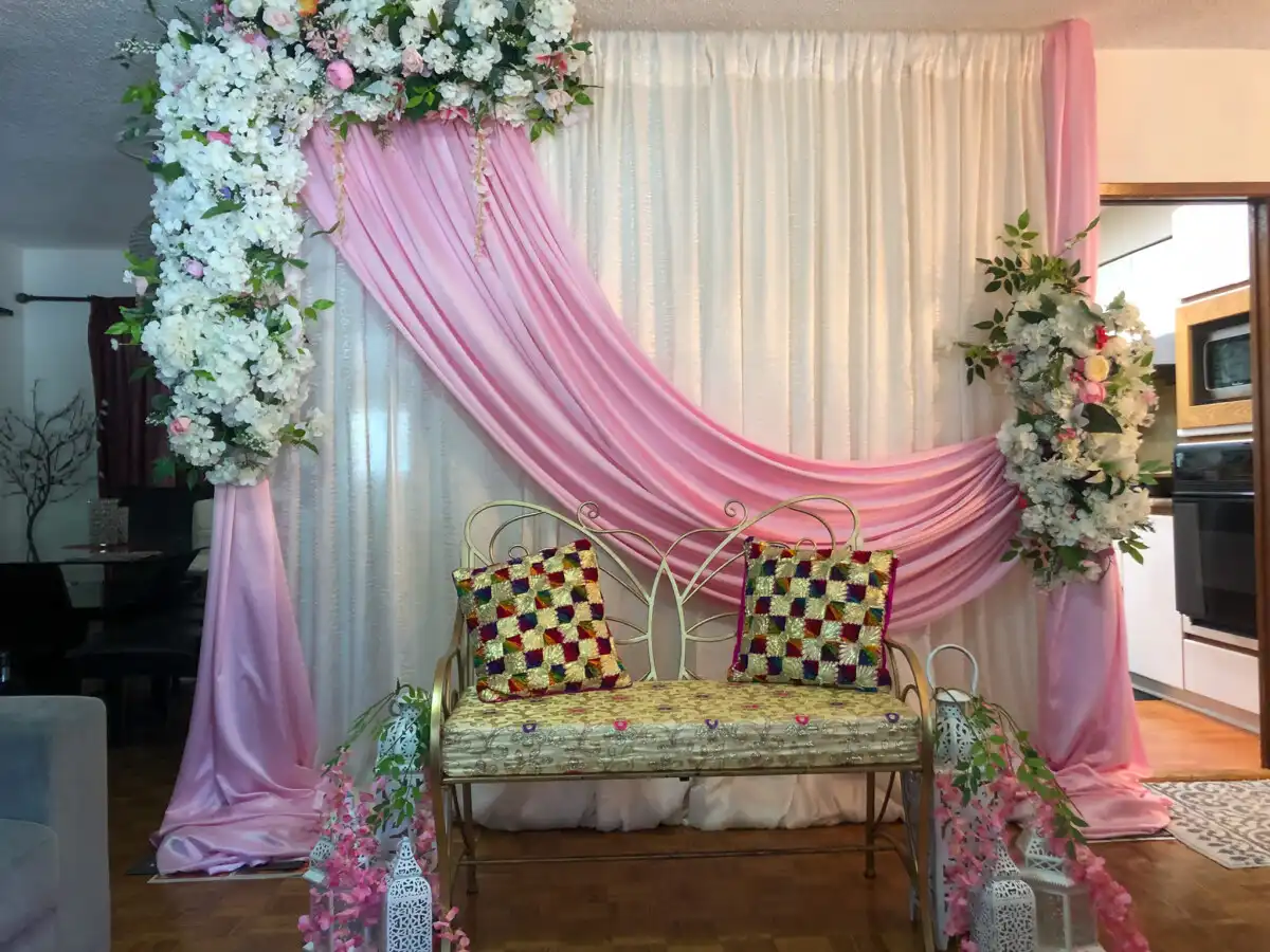 Pink and white home ceremony décor · Dream Decorators Surrey