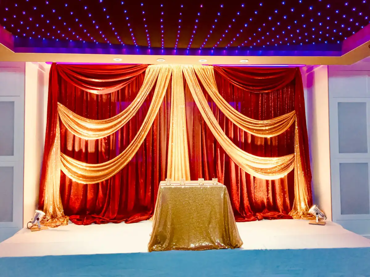 Surrey Indian wedding reception décor and ceiling drape